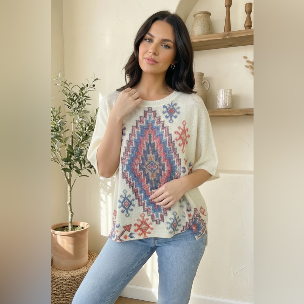 B035 And the Why Ivory Tribal Print Design Half Sleeve Blouse